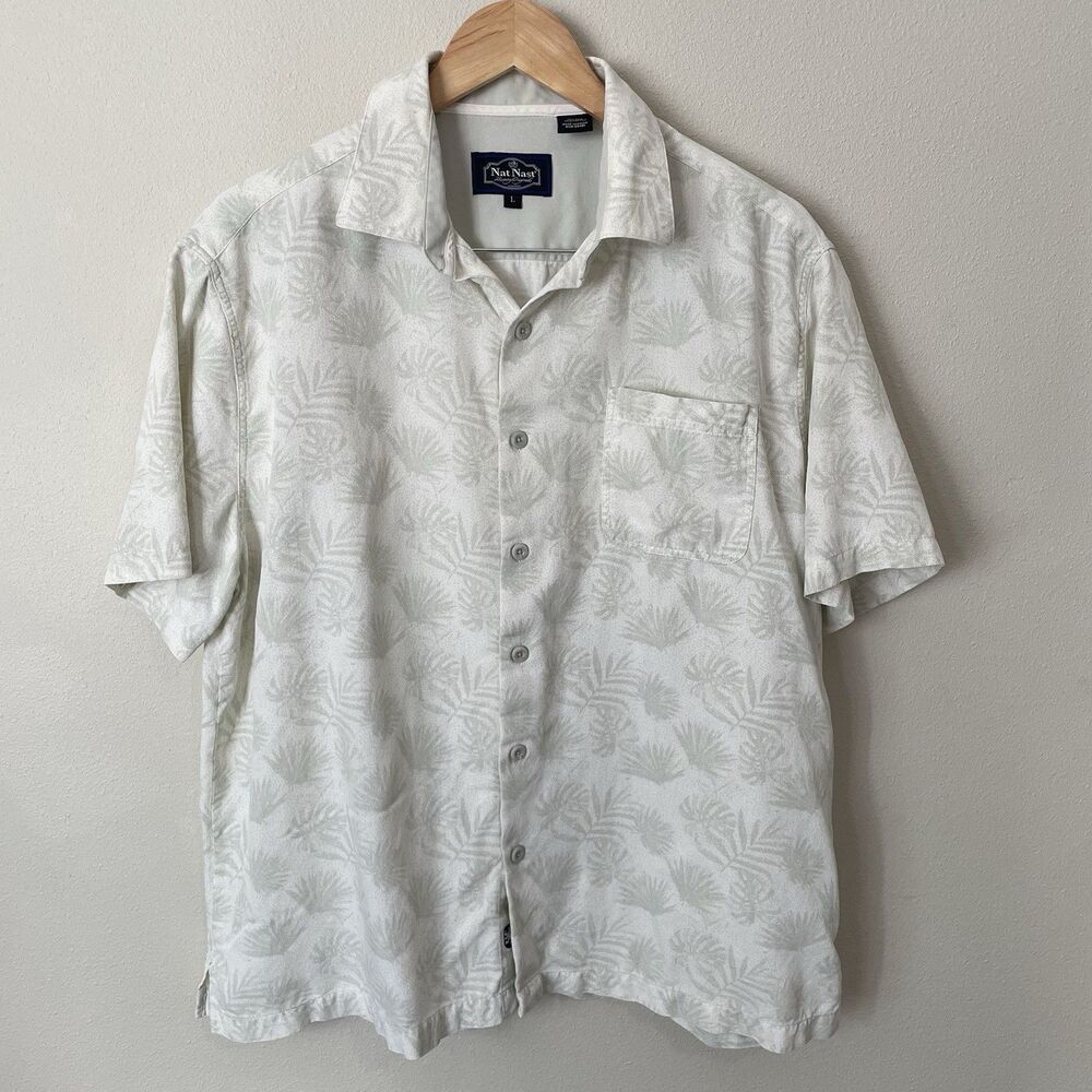 Nat Nast Luxury Originals Silk Cotton Shirt Men L Light Green Print Short Sleeve